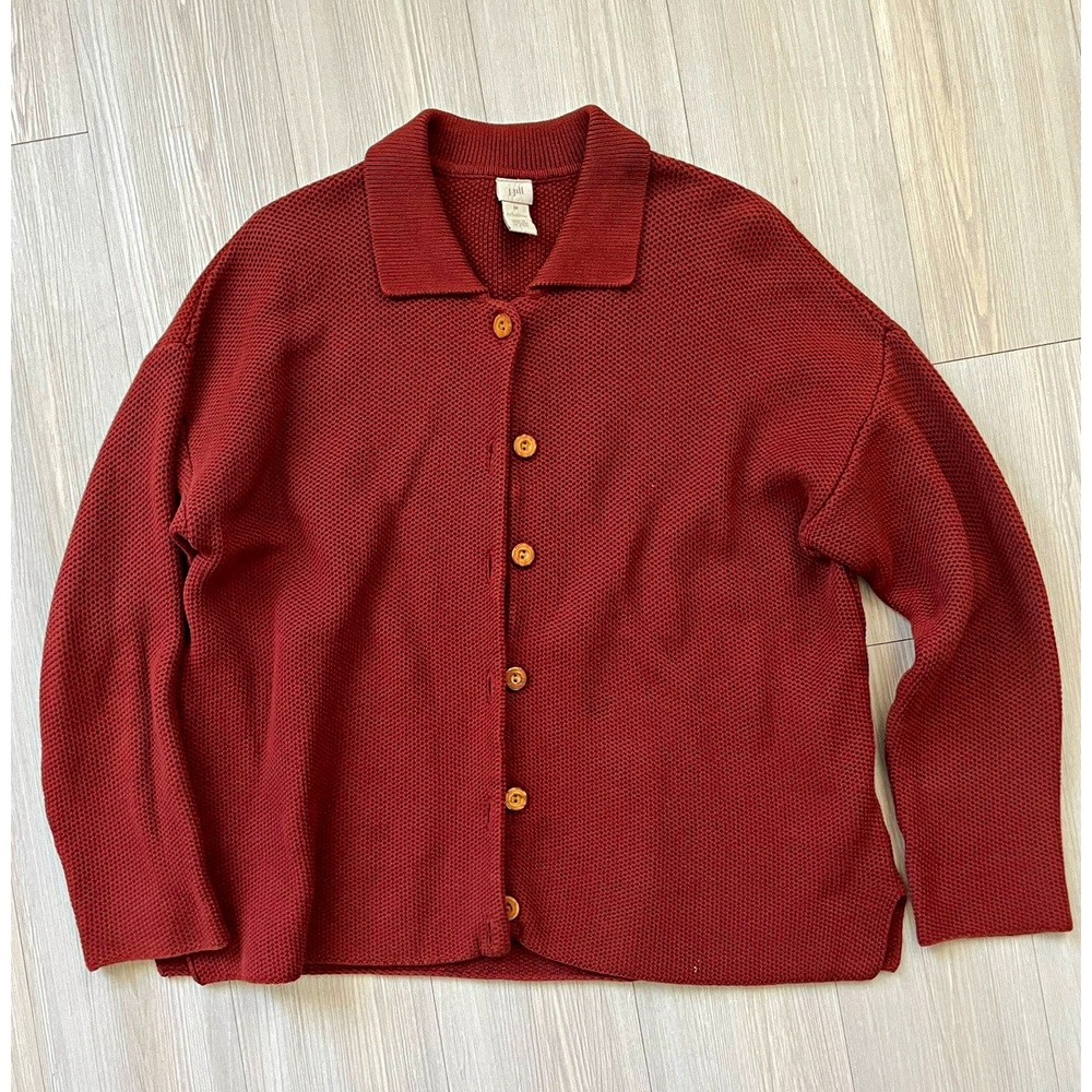 J. Jill Women's Red Solid Knit Button-Front Collared Cardigan Sweater Size M